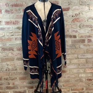 Pink owl navy aztec mexican cardigan wrap sweater fringe large NWT